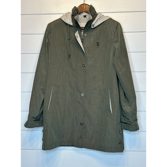 Manteaux Women's Rain Jacket SMALL Green Khaki Zip Snap Hooded Lined Rain Coat - Picture 2 of 11